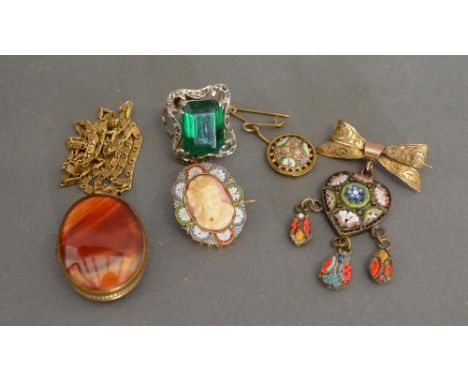 A Stone Set Locket With Chain, together with a dress ring and three micro mosaic brooches 