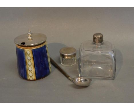 A George III Silver Small Ladle London 1808 with turned wooden handle, together with a silver topped and glass dressing table