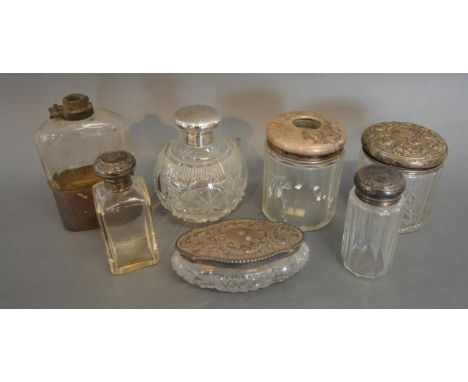 A Birmingham Silver And Cut Glass Scent Bottle Of Globular Form, together with five similar silver and cut glass dressing tab