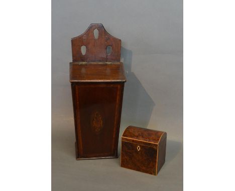 A 19th Century Mahogany Marquetry Inlaid Candle Box, together with a burr walnut dome top tea caddy 