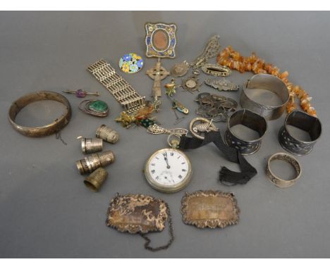 A Pair Of Silver Decanter Labels Various Silver Jewellery, to include a gate link bracelet and various brooches, a pair of ar