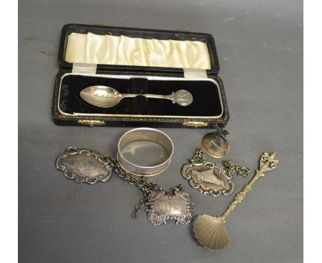 A Birmingham Silver Commemorative Spoon in Fitted Case together with a Birmingham Silver napkin ring, three decanter labels a