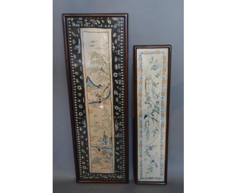 An Early Chinese Silk Work Panel Within Hard Wood Frame, 63 by 18 cms, together with another similar Chinese embroidered pane