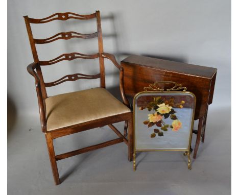 A Mahogany Chippendale Style Armchair, together with an Edwardian Sutherland table and a brass mirrored fire screen 