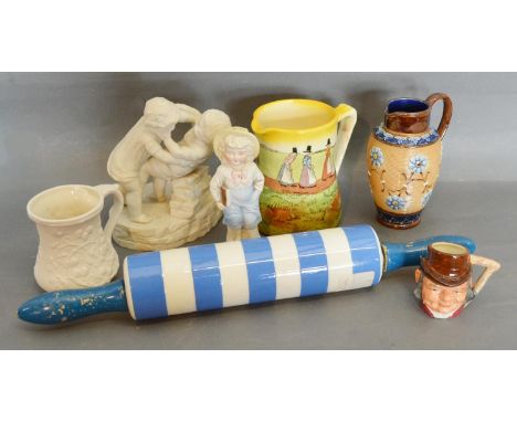 A Cornishware Blue Banded Rolling Pin, together with a Doulton Series Ware Jug, A Doulton Stoneware Jug and four other items 