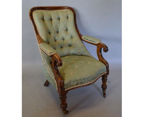 A William IV Rose Wood Drawing Room Armchair, button upholstered back above a serpentine seat with scroll arms, raised upon t