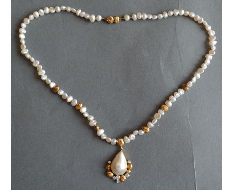 An 18ct. Gold, Pearl and Diamond Set Pendant, together with a similar pearl and gold linked chain 