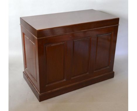 A Mahogany Blanket Chest Made By F.W.Scowen, the hinge top above a three panel front raised upon a plinth, 77 cms wide 