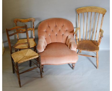 A Victorian Button Upholstered Drawing Room Chair, together with a spindle back kitchen chair and two side chairs 