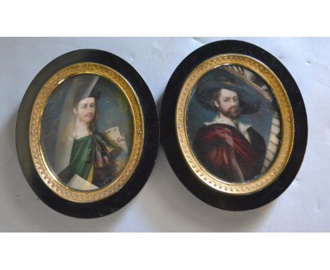 A Pair of 19th Century Portrait Miniatures, half-length portraits of gentlemen in period dress, within oval ebonised and bras