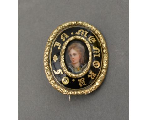 A 19th Century Yellow Metal Oval Mourning Brooch with central Hand Painted Panel, a classical portrait of a lady, 3.5 x 3 cms