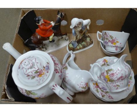 A Ridgway ironstone part tea service and two figures including Royal Worcester Saturday's child works hard for a living, a/f 