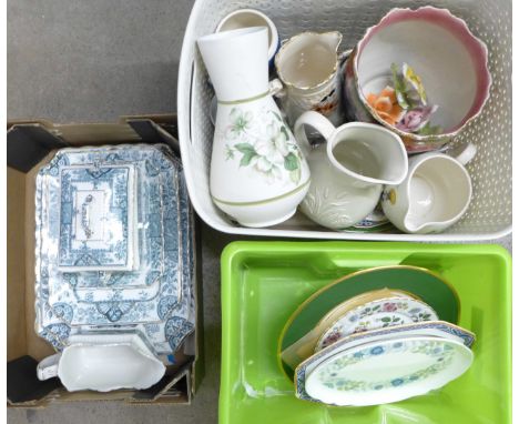 Crown Pottery Ceramic Art Co. green transferware graduated plates, tray, sauce boat and serving dish and cover and two boxes 