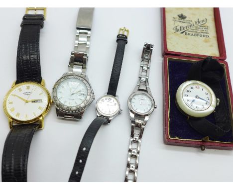 A lady's mother of pearl cased wristwatch, a Rotary wristwatch and three other wristwatches 