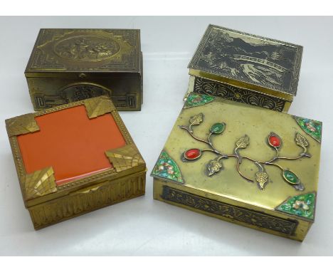 An Art Deco box, a brass box with stone set top and enamel corners, a box marked Dralle Rose and a cigarette box 