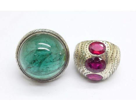 Two large white metal, stone set rings, M and Q 