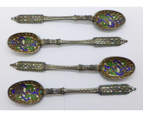 Four Danish silver and enamel spoons, Peter Hertz 