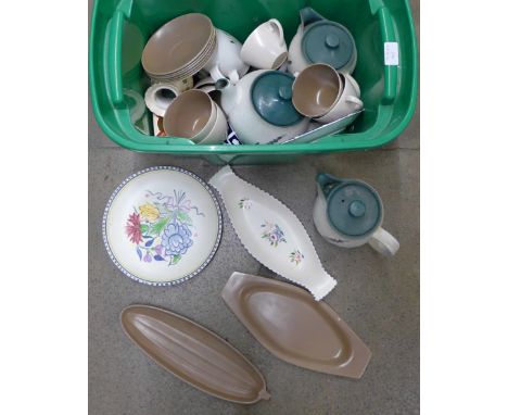 A box of Denby Greenwheat pottery, Poole pottery plate, dish, cups, etc., also undecorated Royal Crown Derby **PLEASE NOTE TH