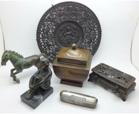 An Art Deco figure, a/f, a Coalbrookdale style metal plaque, a desk stand a/f, a caddy and a heavy desk tidy 