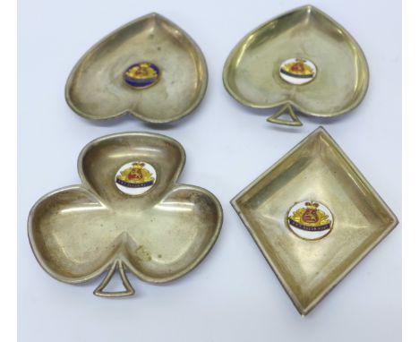 Four plated Bridge ashtrays with Queen Mary enamel plaques 