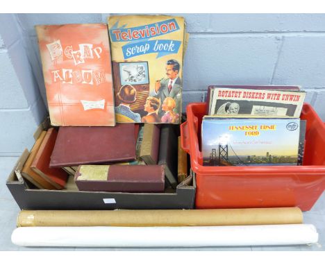 Two boxes of books, two scrap books, LP records including The Beatles and an album of stamps and Ordnance Survey maps **PLEAS