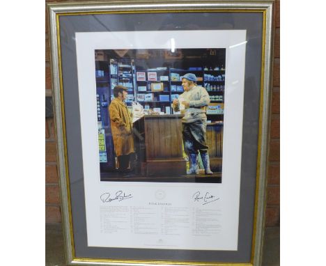 A signed mounted and framed limited edition lithograph, Ronnie Corbett and Ronnie Barker, 'Fork Handles'