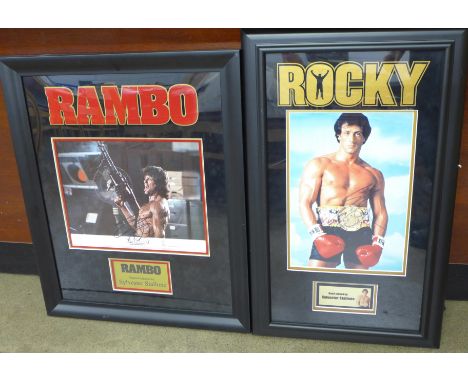 Two Sylvester Stallone mounted and framed photographs with signatures, Rocky and Rambo, First Blood Part II, both with certif