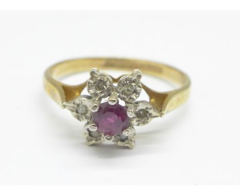 A 9ct gold, ruby and diamond cluster ring, 2g, O 