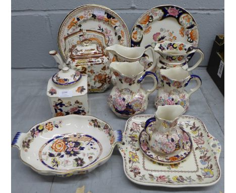 Mason's Ironstone china; three dinner plates, five jugs, teapot, tea caddy and bowls **PLEASE NOTE THIS LOT IS NOT ELIGIBLE F