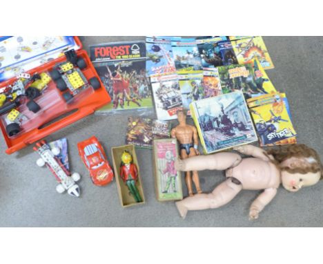 A Meccano set, Pedigree composite doll, a metal Mr Turnip puppet, boxed, Action Man figure, etc. 