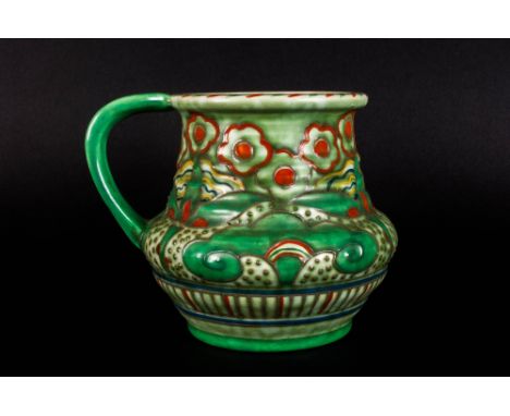 Charlotte Rhead Signed Crown Ducal Jug, Pattern number 4922 with Florian band of green painted & lobbed stylized leaf forms w