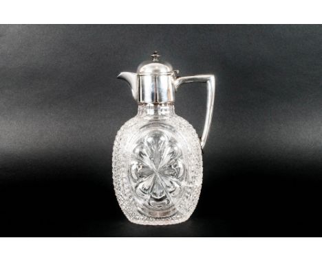Victorian Silver and Hand Cut Crystal Claret Jug, Having a Plain Round Mount and Hinged Dome Lid with a Plane Angular Handle,