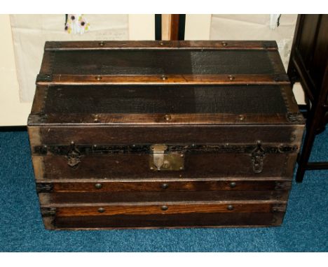 Early 20thC Hinged Trunk, Wood And Metal Strap Work, The Interior With Removable Top Shelf