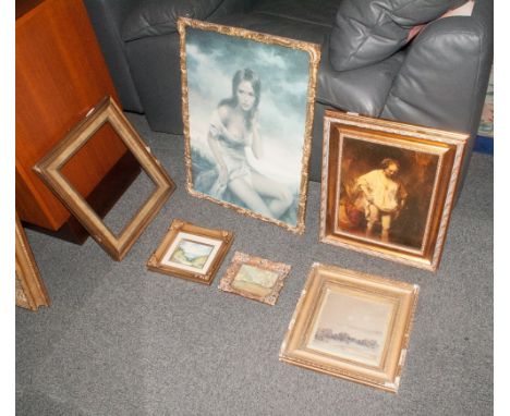 Collection Of Paintings & Frames Including Watercolour in Victorian Frame, 9'' square, Print In Swept Gilt Frame, Small Oil C