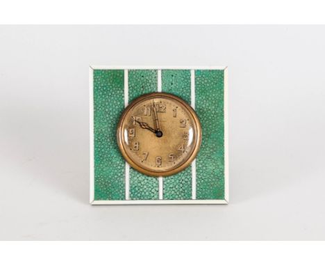 Art Deco - French 1930's Ivory Mounted and Green Shagreen Framed Brass, Square Shaped and Easel Backed Table Alarm Clock with