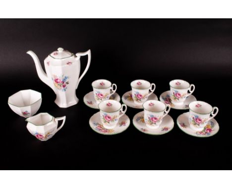 Shelley 1930's 15 Piece Coffee Set ' Warwick Rose ' Pattern Num 2250, Dainty Shape. Pink Roses - Blue and Yellow Flowers on W