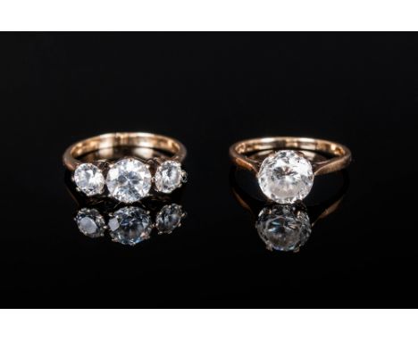 A Single CZ Facetted Stone Set In A 9ct Gold Shank est 2.5cts, fully hallmarked. Plus a 3 faceted stone CZ ring set in a 9ct 