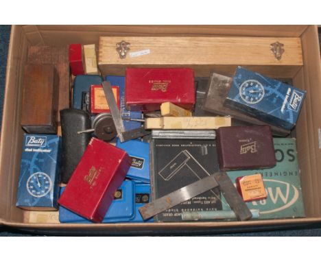 Box Containing A Collection Of Engineering Tools, Mostly Measuring, To Include Gauges, Mercer Dial Guage. Baty Dial Indicator