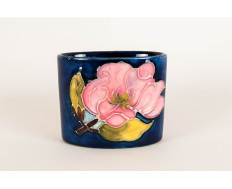 Moorcroft Small Trinket Pot ' Pink Magnolia ' Design on Blue Ground. c.1970's. 2.5 Inches High & 3 Inches Diameter. Mint Cond