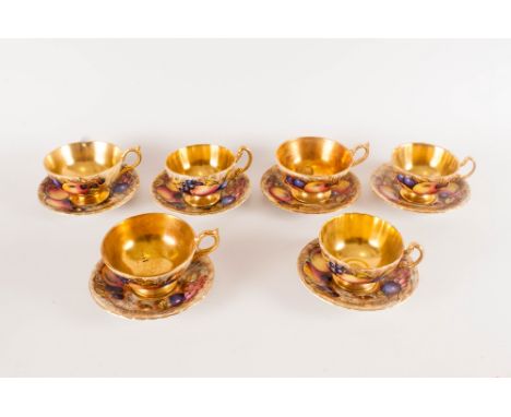 Aynsley Painted Fruit & Signed Set Of Six Acid Gold Cups & Saucers all pieces are in good condition