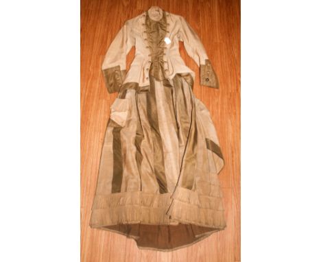 Victorian Ladies Bustle Dress, ecru with cafe-au-lait taffeta trim, closely fitted bodice with hook and eye fastening and but