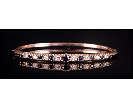 9ct Gold Hinged Bangle The Front Set With Alternating Diamonds And Sapphires, Fully Hallmarked, Weight 11.9 Grams