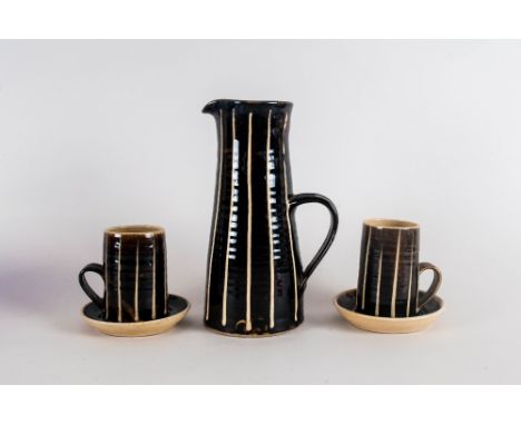Pair Of Arch Studio Pottery Slipware Coffee Cups & Saucers,  