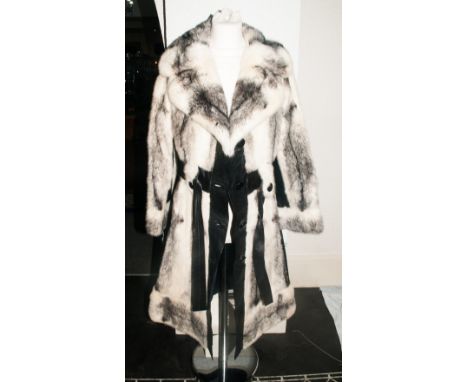 Ladies Full Length Blonde & Black Mink Coat With Leather Spacers. fully lined, Collar with revers Faux Button cuffs. 