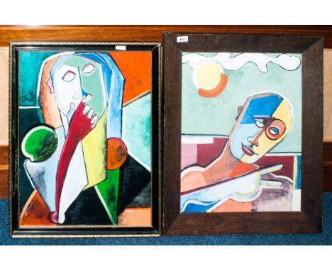 Pair Of Modern Abstract Oil On Boards Stylised Figures, Both Initialed CP 15 Marked To Reverse Portrait CP 15 Cliff Phillips,