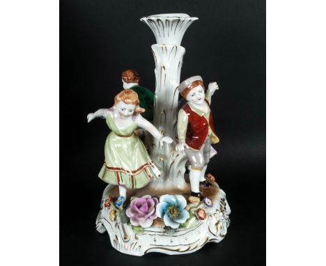 Schierholtz Plaue East German Hand Painted 1970's Porcelain Figural Candlestick stands 9'' in height, Pristine Condition. 9''