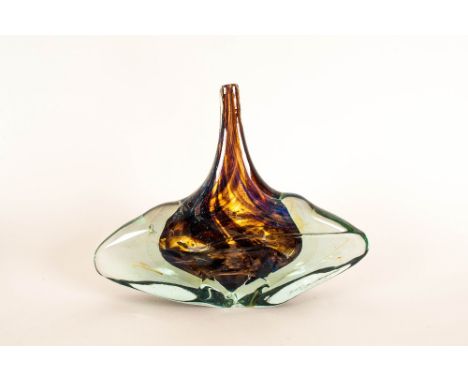 Mdina - Rare Art Glass Axe head Shaped Vase, In Blue, Brown and Green Colour way, Sommerso Cased Etched to Base - Mdina Glass