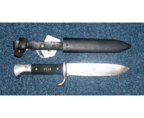 German WWII Interest Hitler Youth Knife/Dagger With Scabbard. Etched Blade 'Blut Und Ehre' With Solid German Stamp Mark