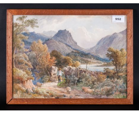 Joshua Renshaw (Exh 1886-1894) Lake District Scene With A Farmer By A Gate Watching His Sheep, located by a lake, watercolour