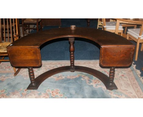 Oak Horseshoe Shaped Hunting Table Raised On Turned Supports, Possibly Adapted, Approx 60 x 42 Inches, Height 28 Inches.